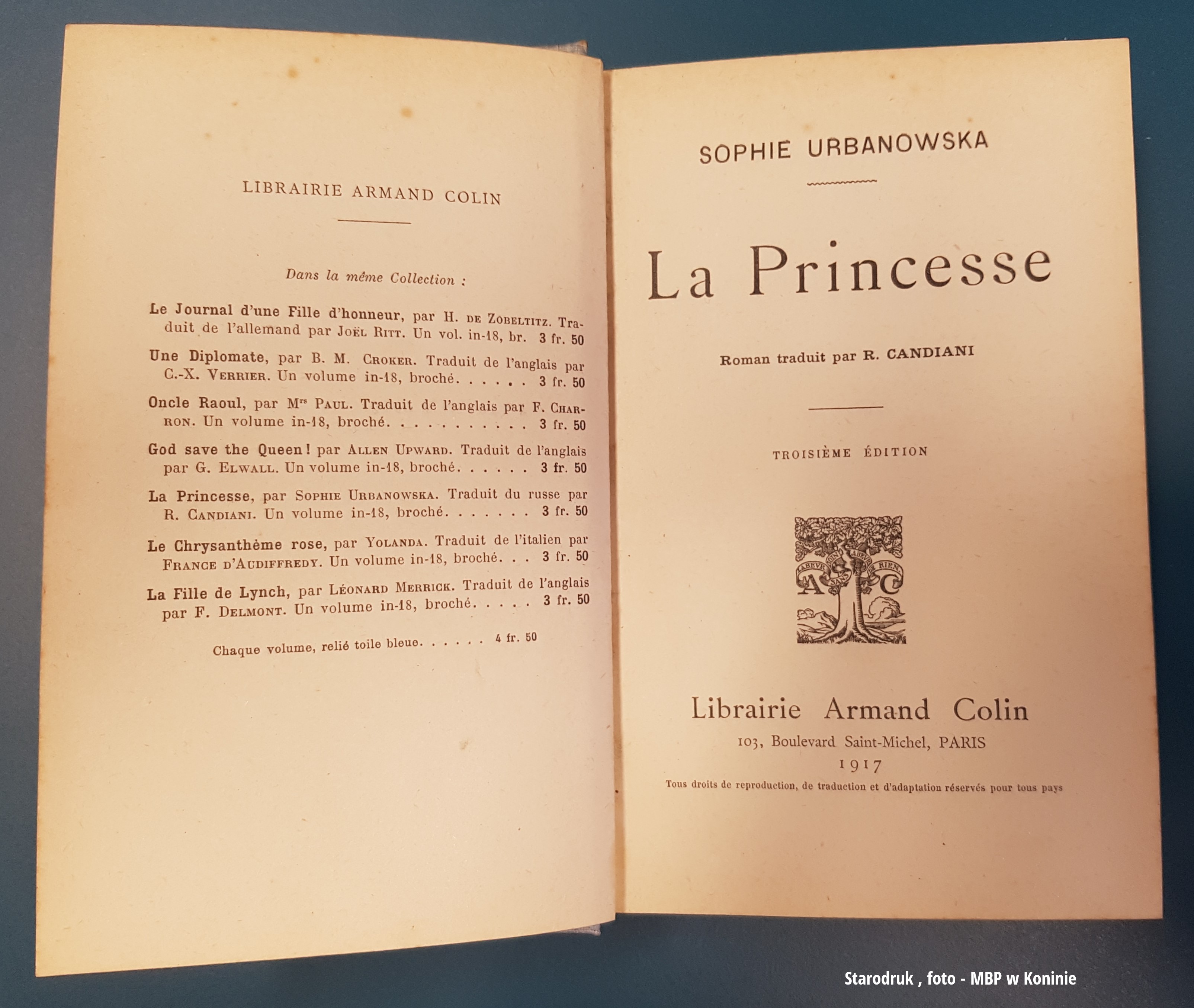 Otwarta książka Zofii Urbanowskiej wydana w 1917 roku w Paryżu
